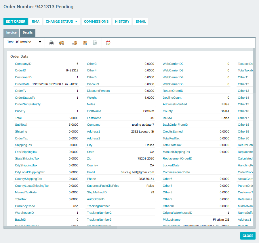 Invoice Order Details Tab