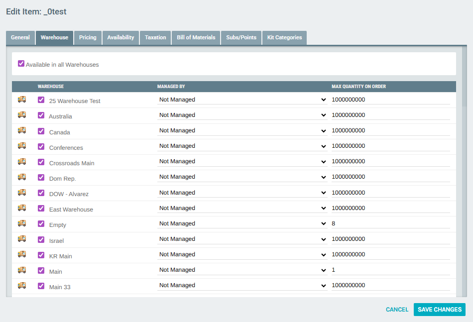 Item Edit — Warehouse tab
