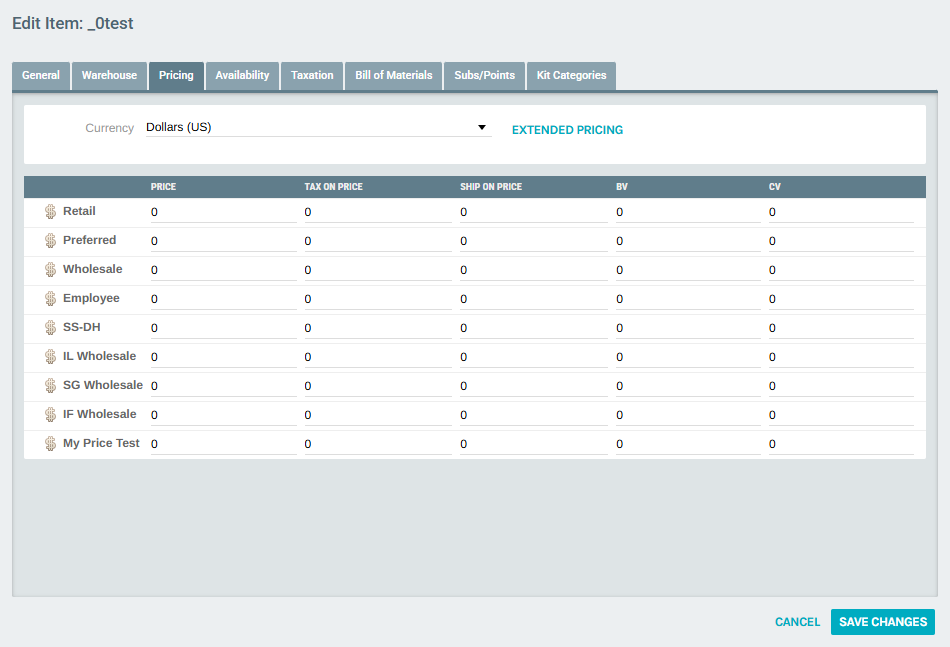 Item Edit — Pricing tab