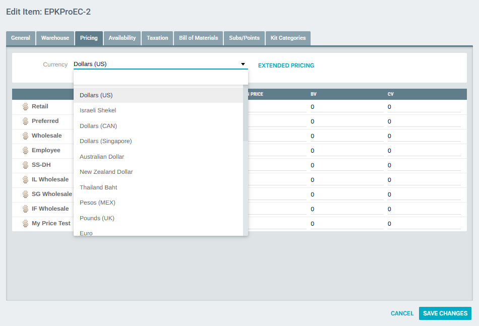 Pricing Tab — Currency Dropdown