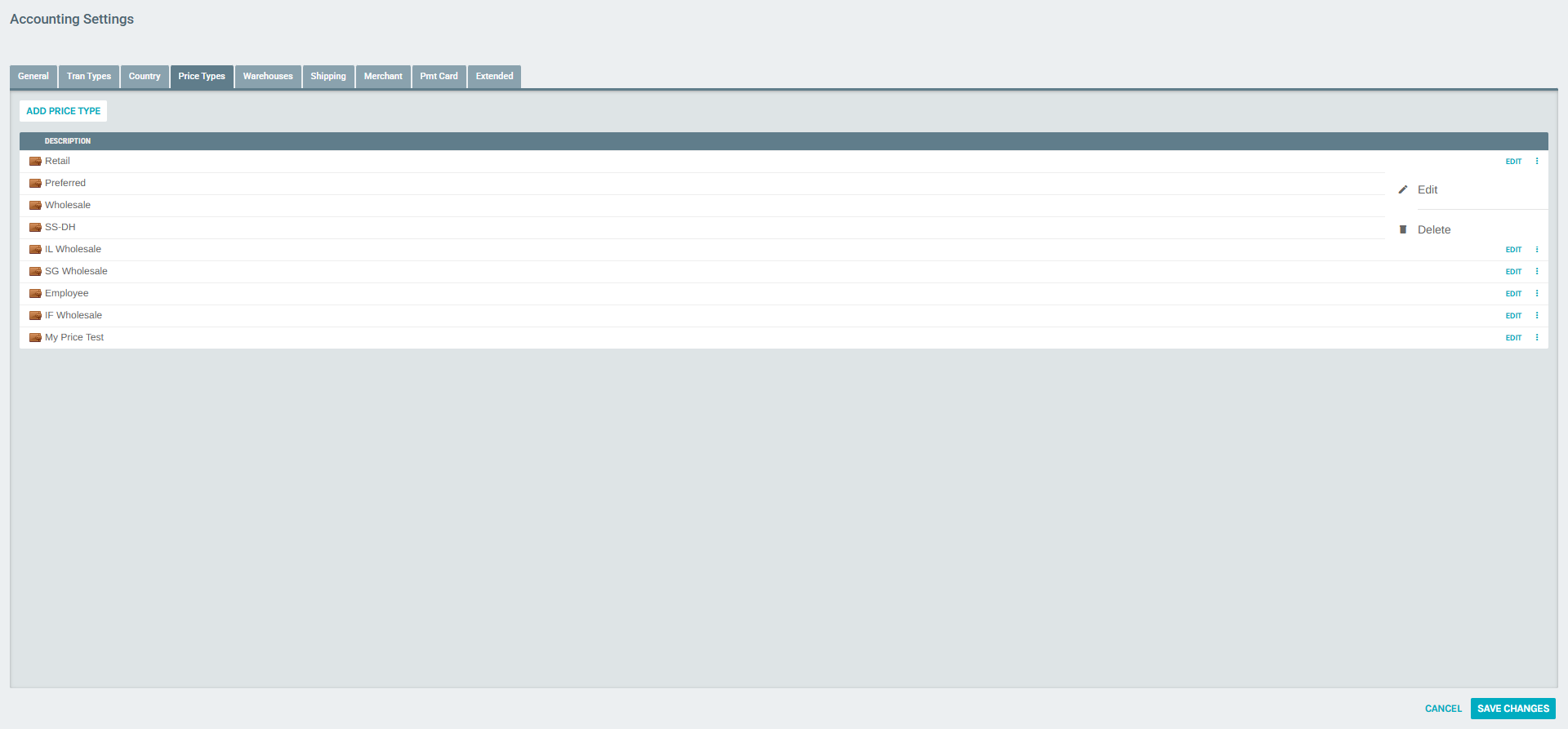Price Type Context Menu