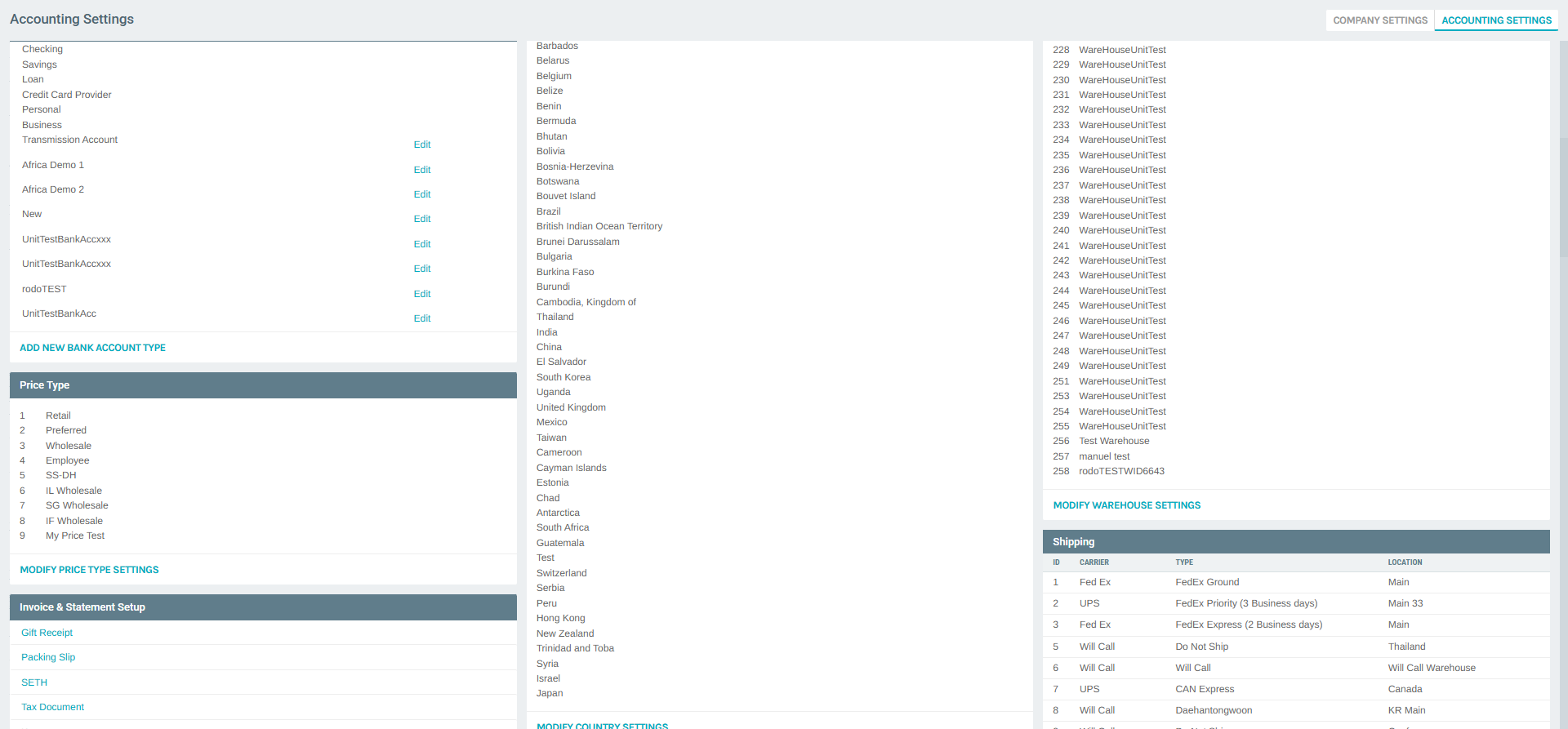 Accounting Settings Price Types Section