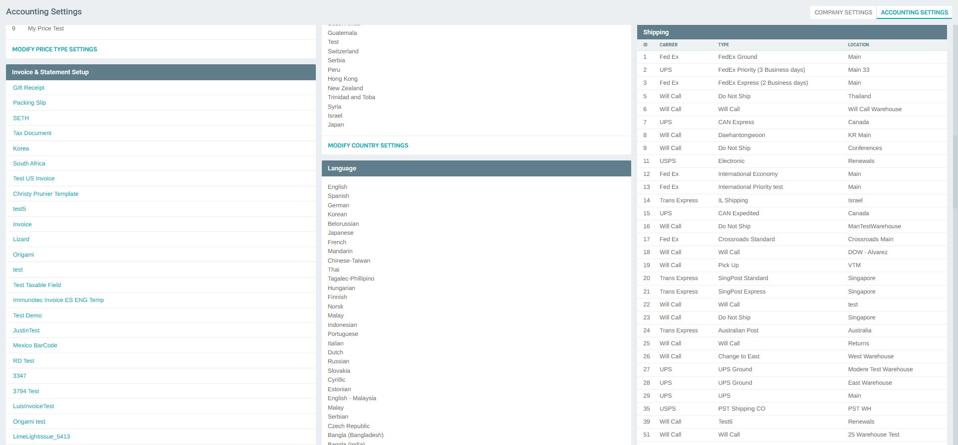 Accounting Settings – Shipping Tab