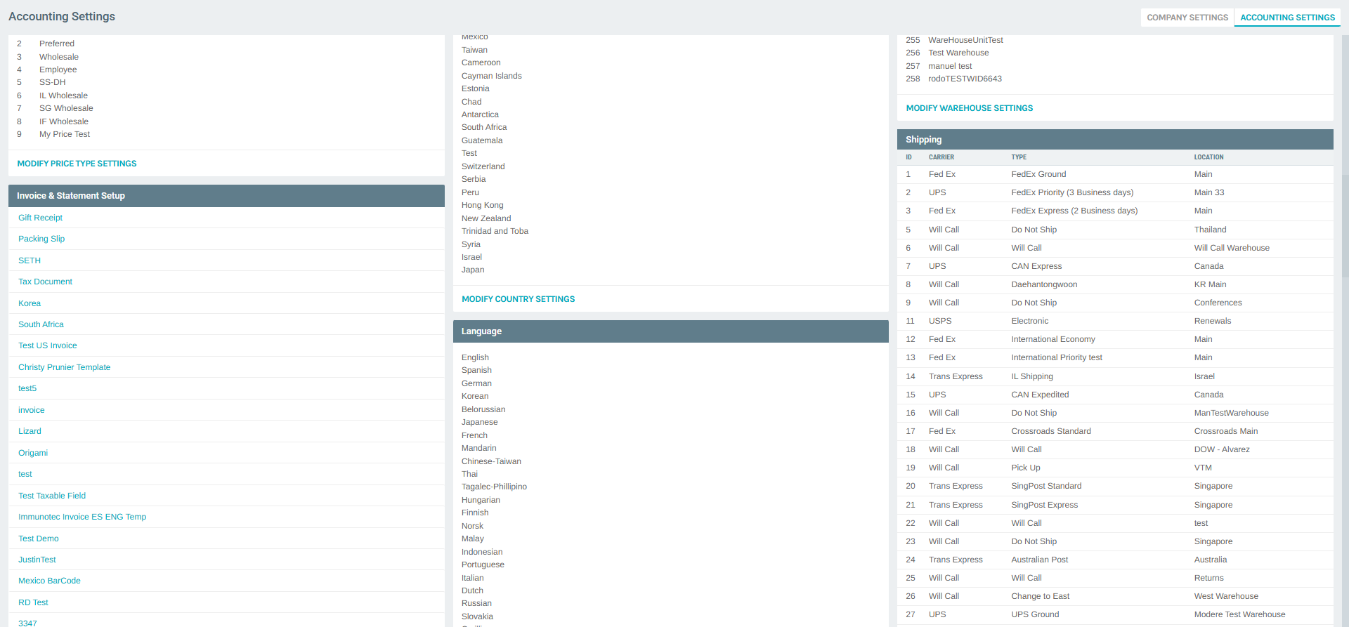Language Section in Accounting Settings