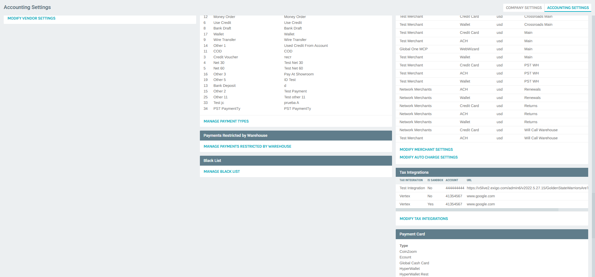 Accounting Settings - Warehouses Section