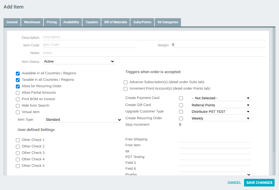 Add Item form — General tab