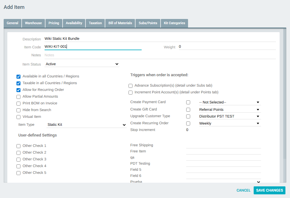 Item Type set to Static Kit