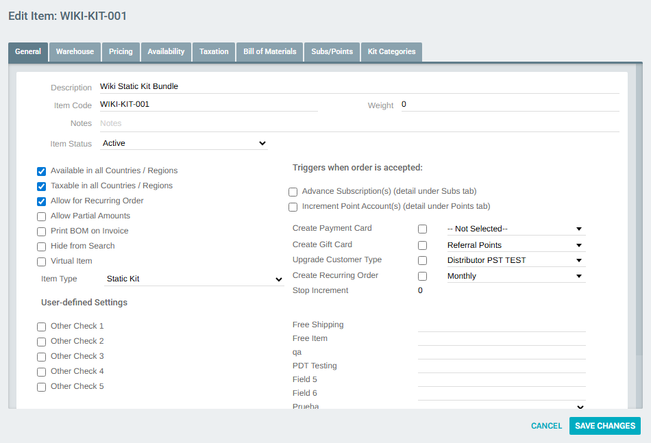 Edit Item form — General tab