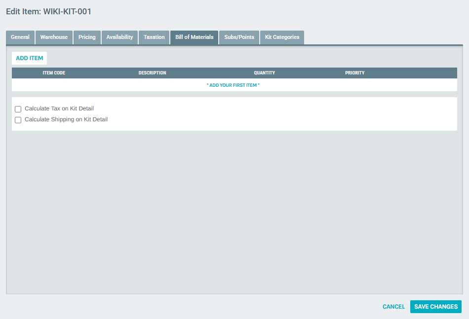 Bill of Materials tab — empty