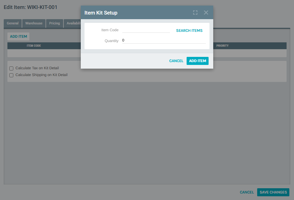 Item Kit Setup popup