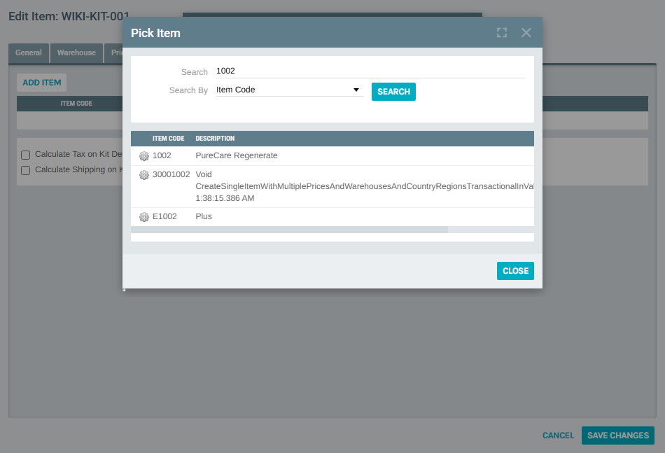 Pick Item search results