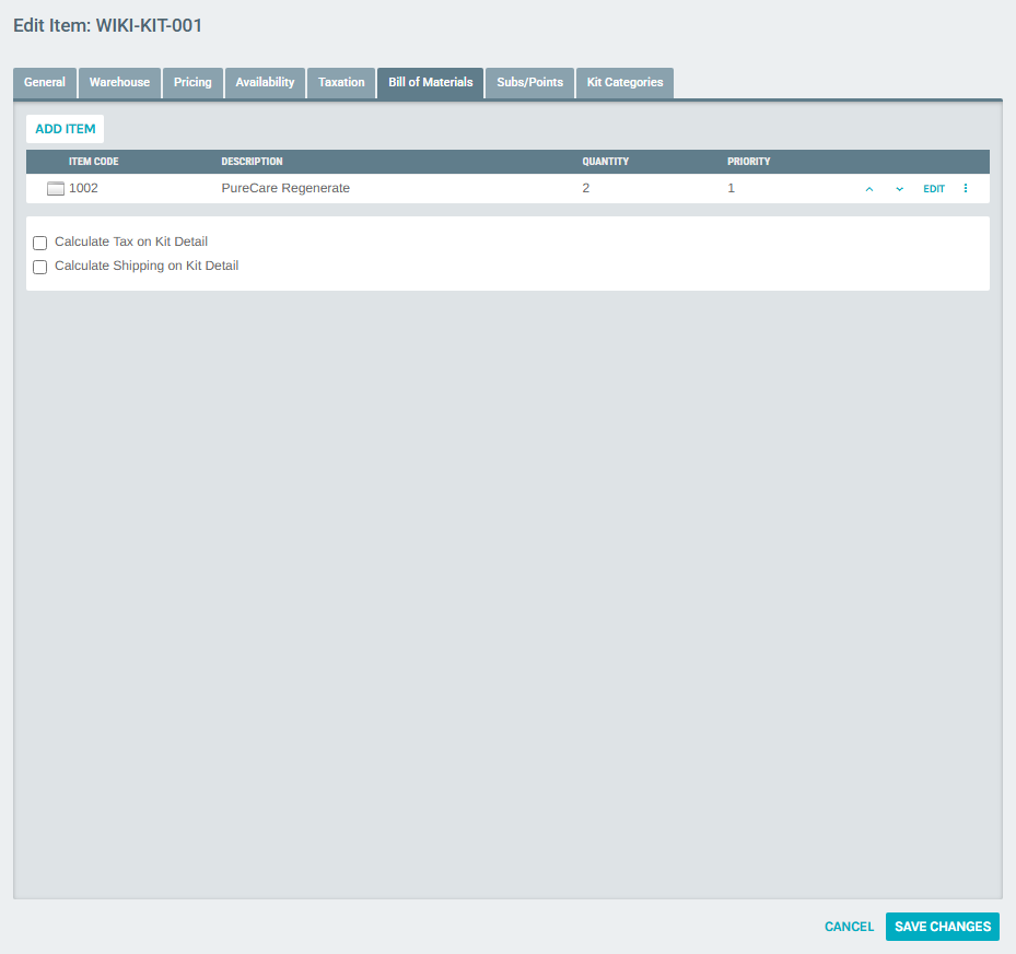 Bill of Materials — first item added