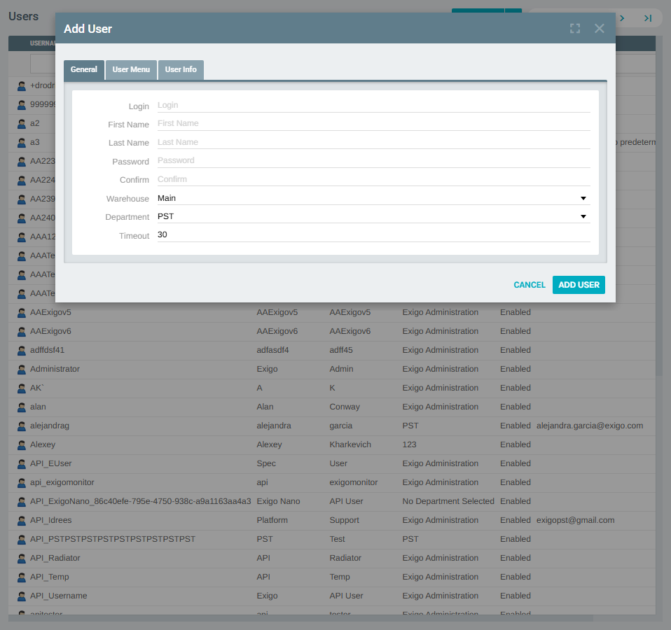 Users list with Add User button