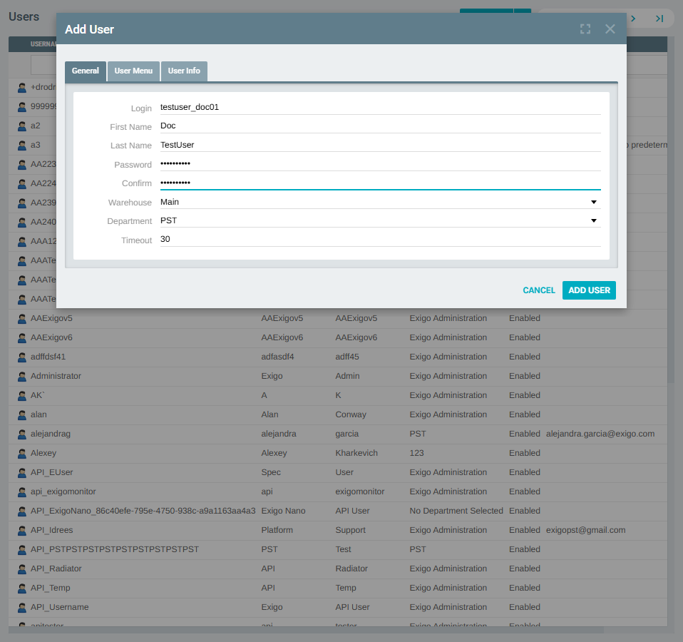 Add User form filled in