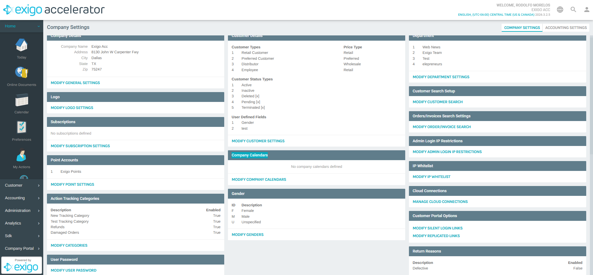 Settings Page - Company Calendars Section