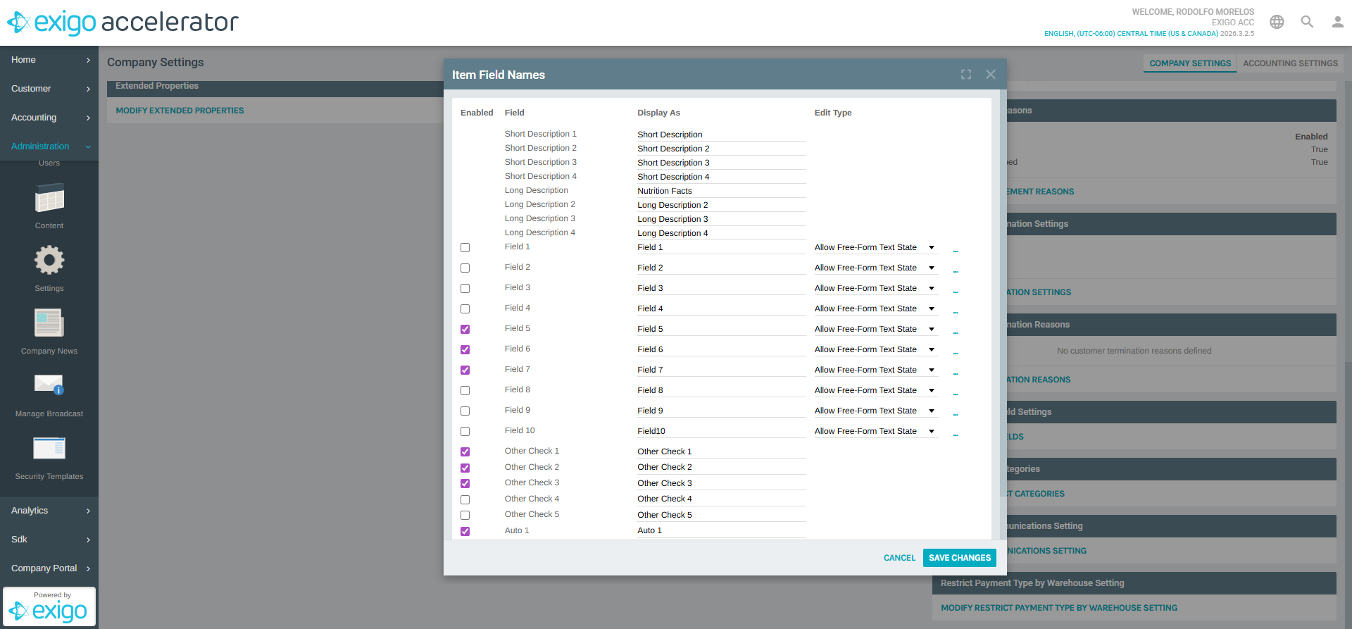 Item Field Names Popup