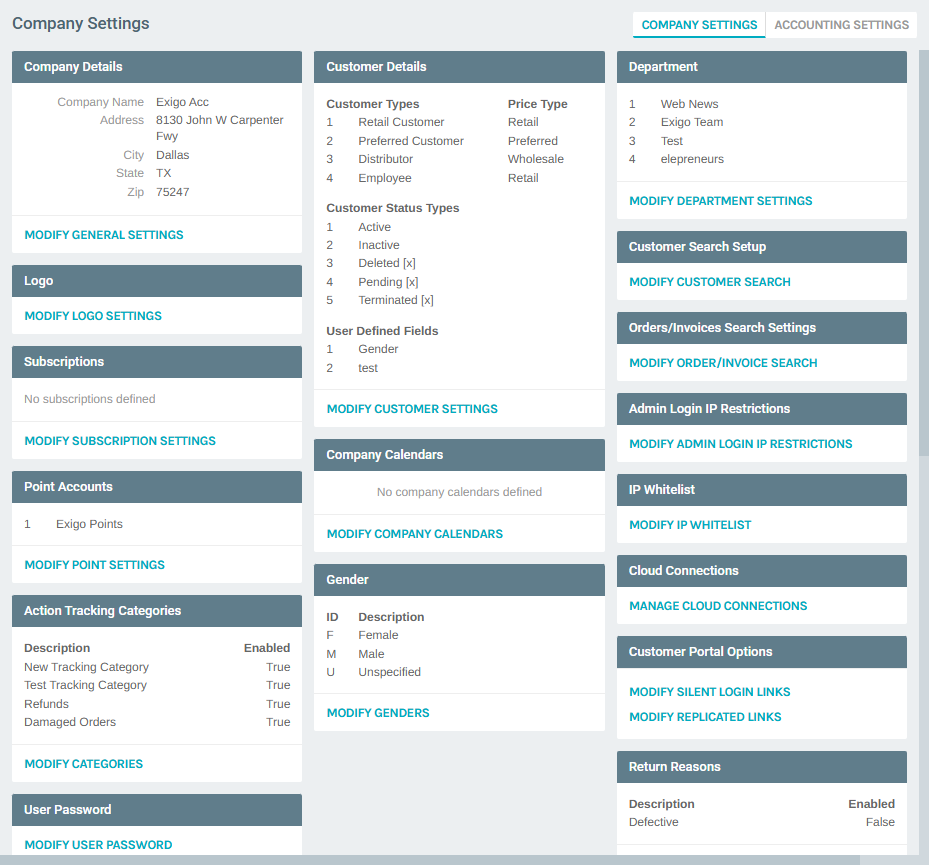 Company Settings Page