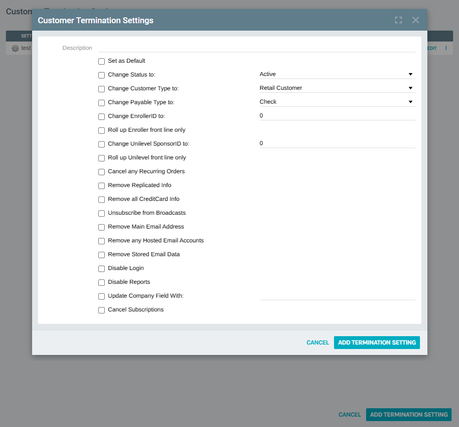 Add Termination Setting Form