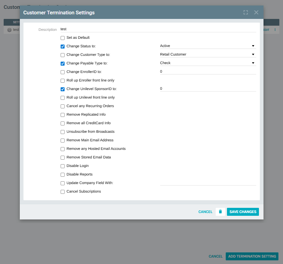 Edit Termination Setting