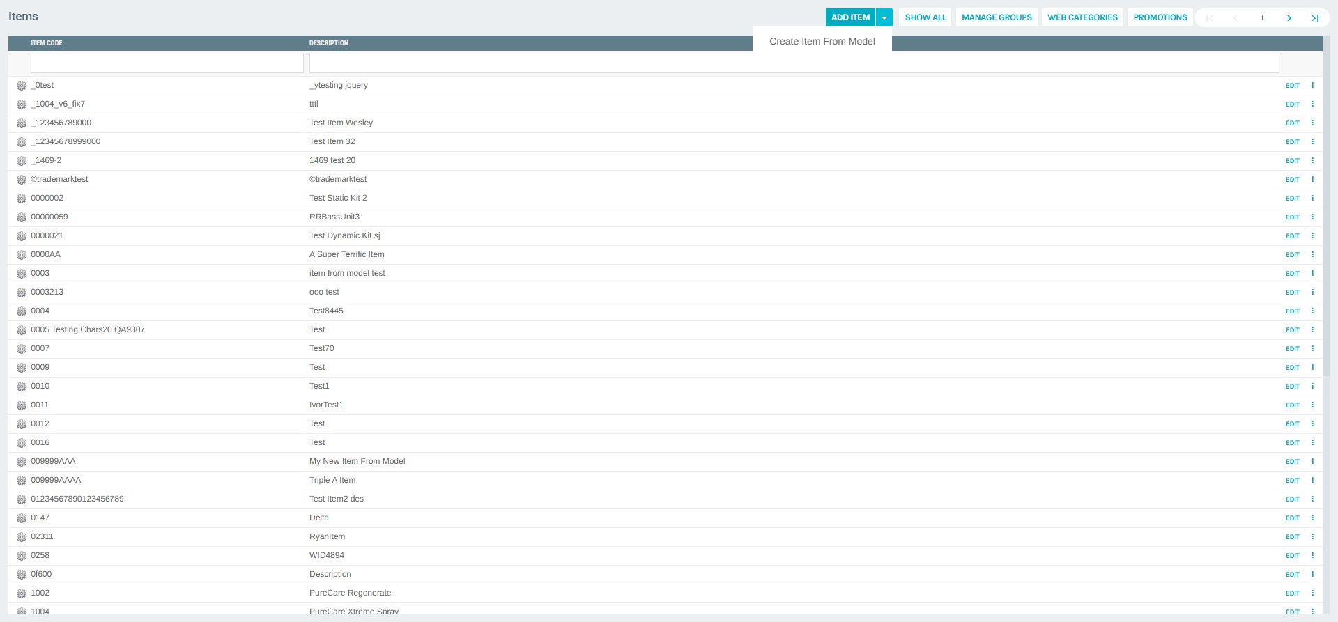 ADD ITEM Dropdown Menu