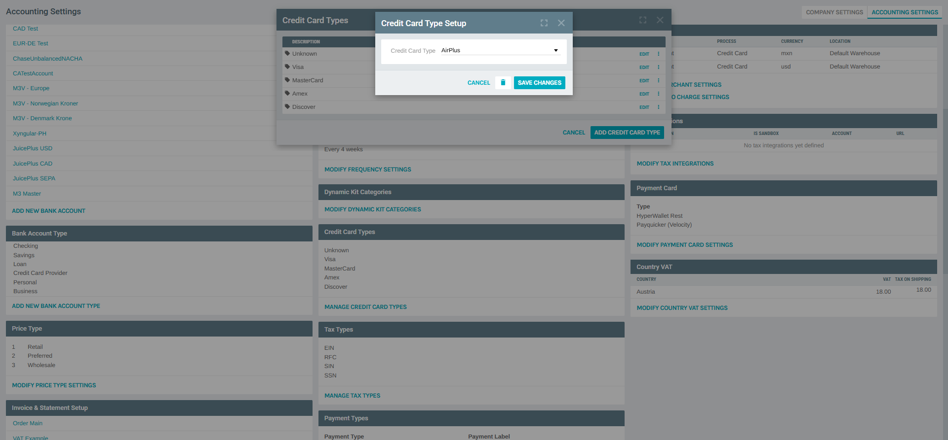 Credit Card Type Setup - Edit Dialog
