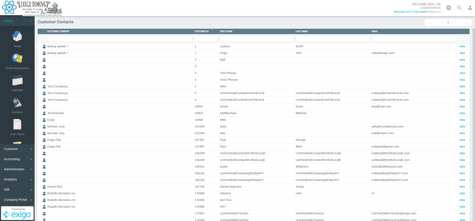 Lista principal de Customer Contact Search