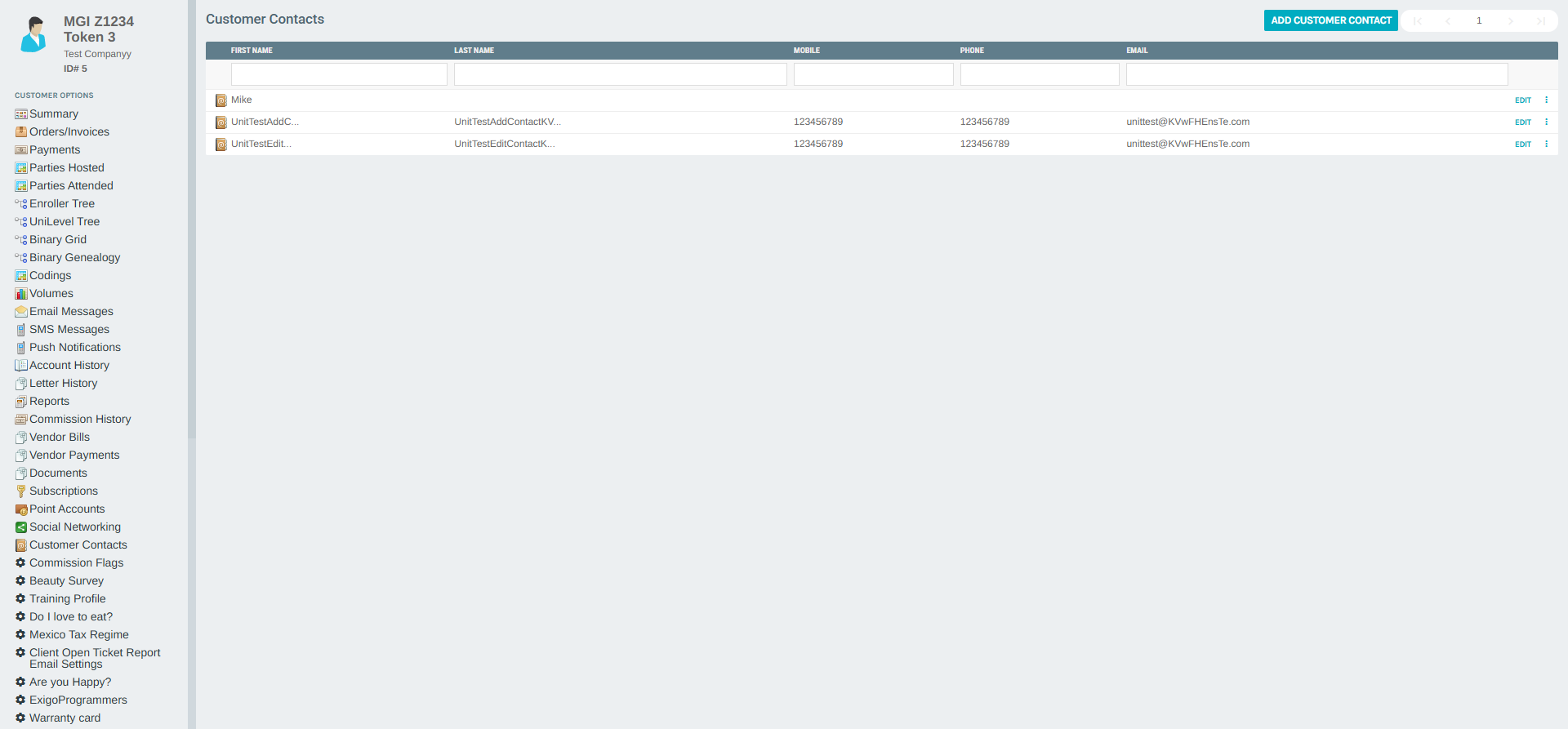 Lista de contactos del cliente