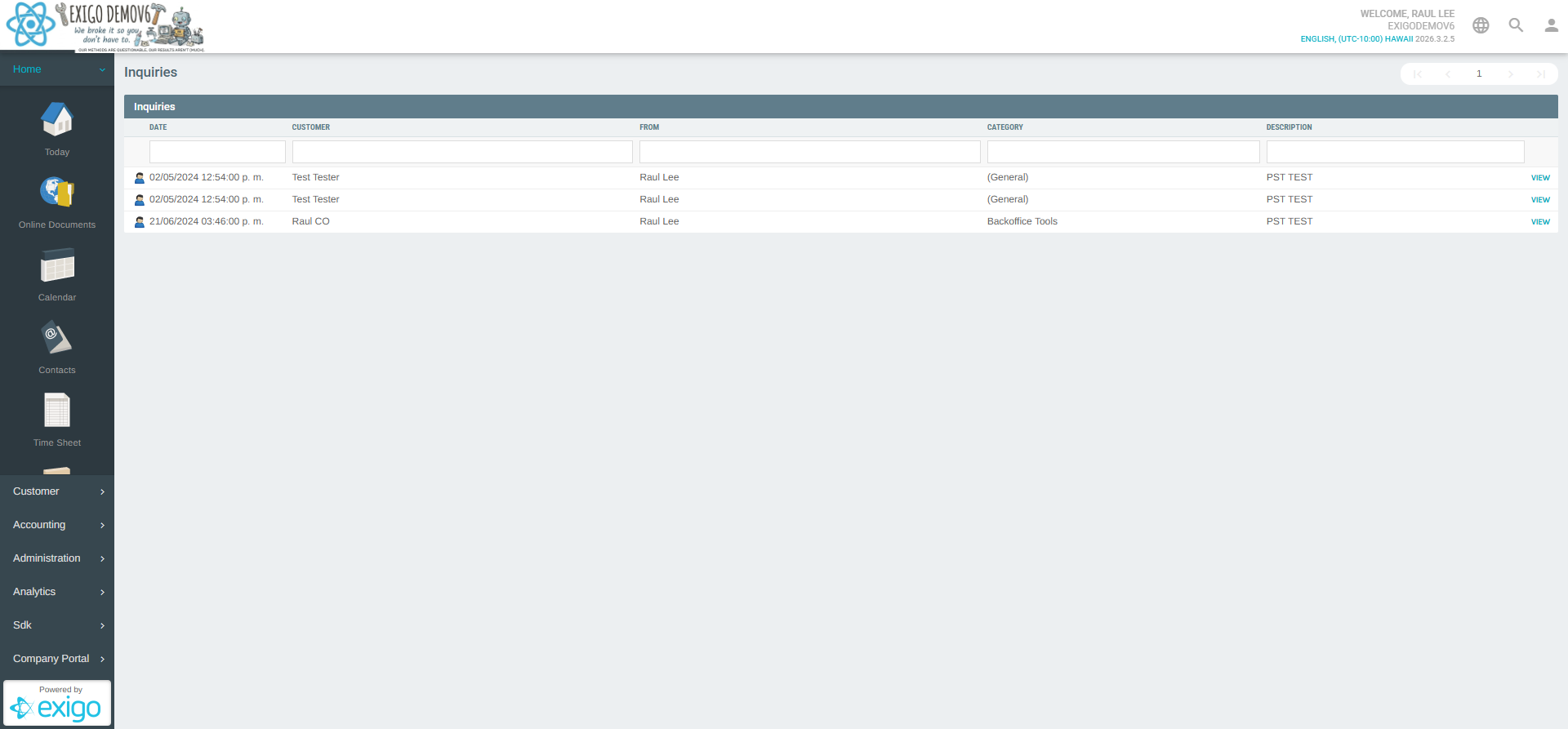 Inquiries list with sidebar