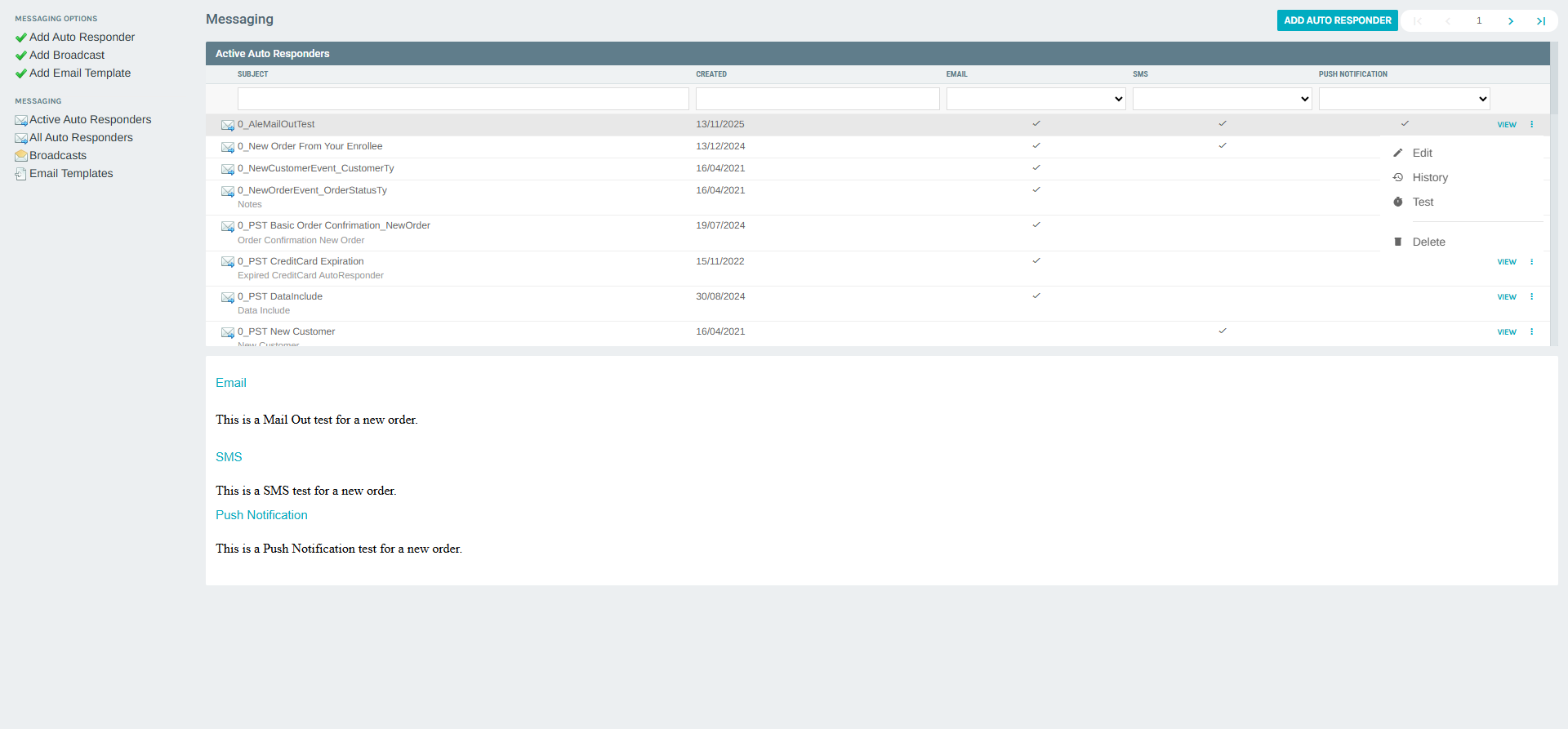 Auto Responder context menu
