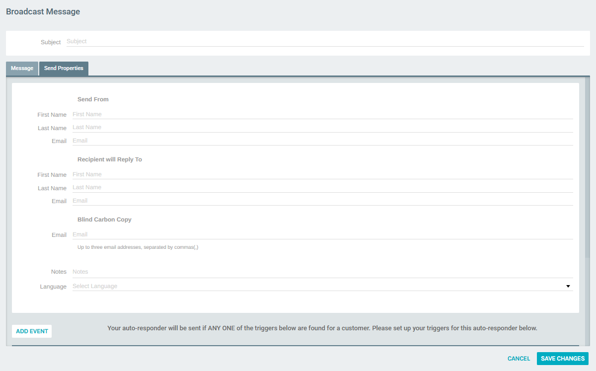 Add Auto Responder form - Send Properties tab