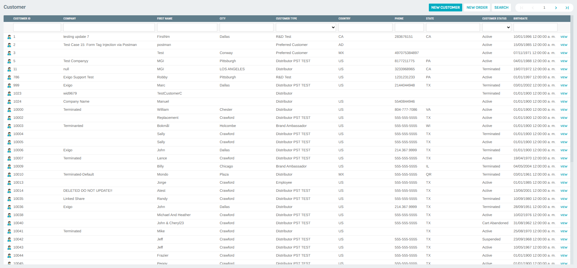 Customer Search list view