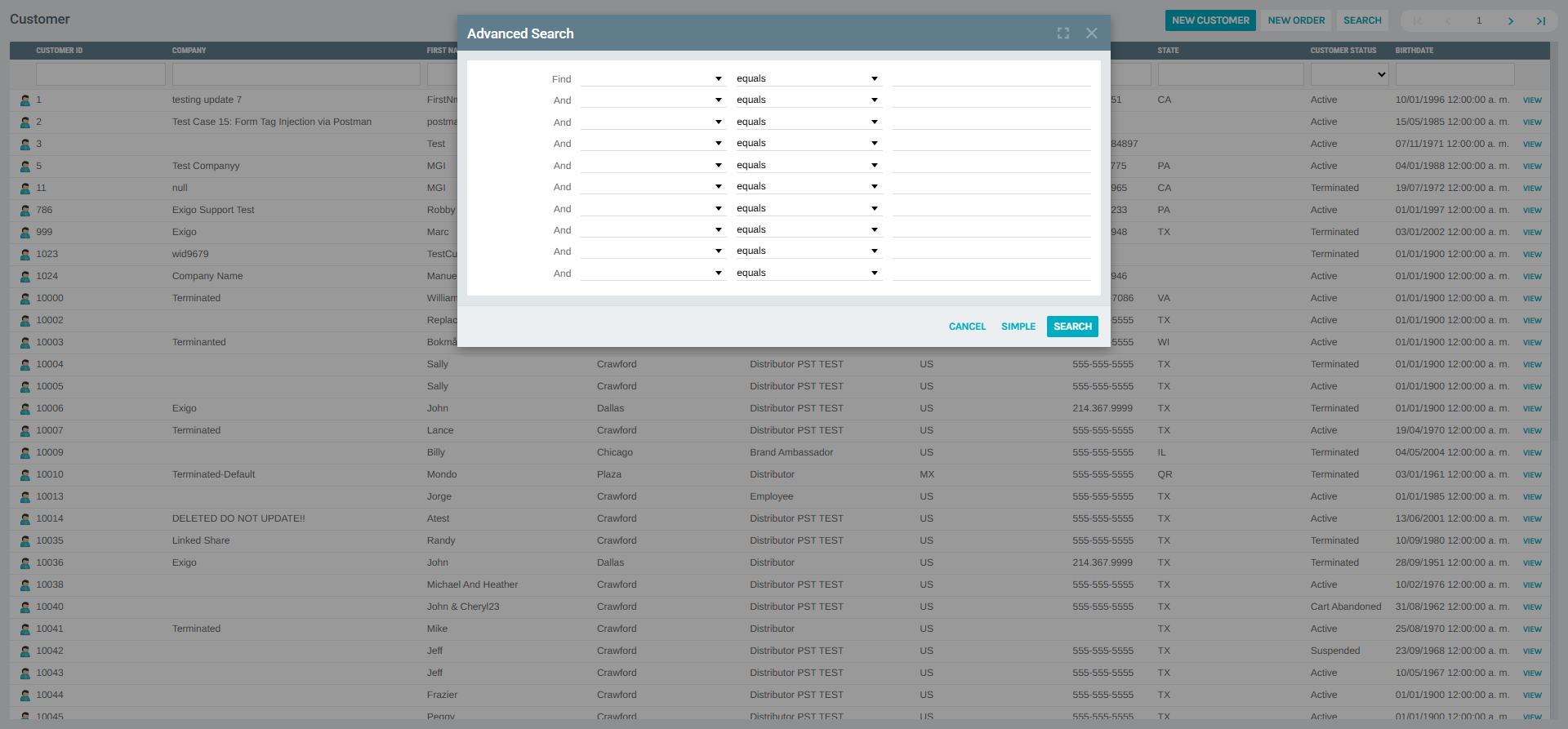 Advanced Search panel