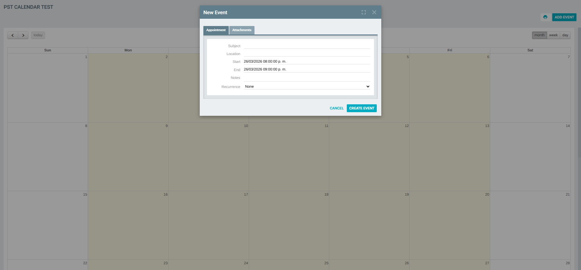 Add Event Form – Appointment Tab