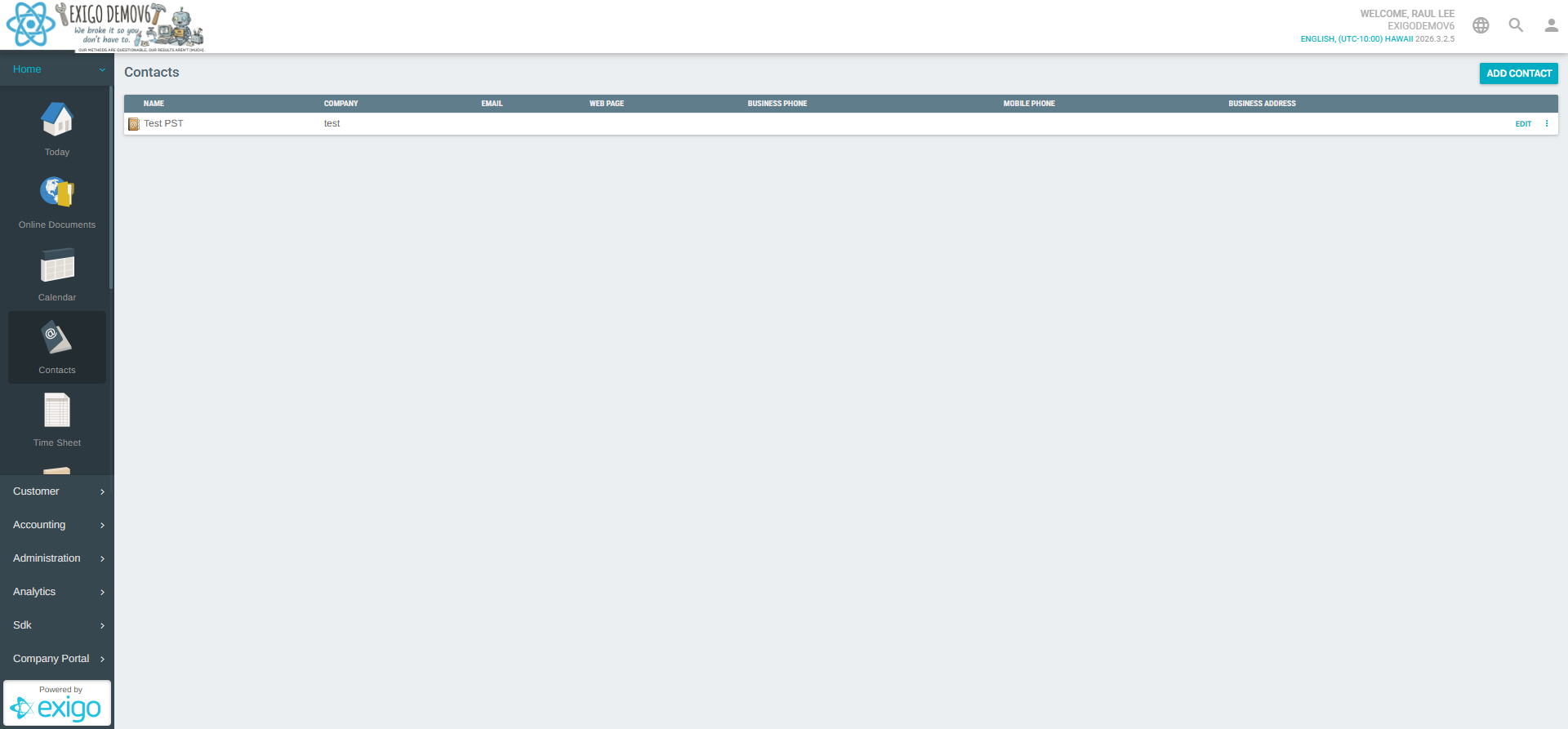Contacts list with sidebar navigation