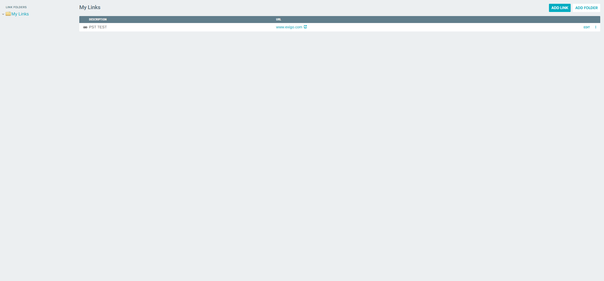 Links portal overview showing folder panel and content area