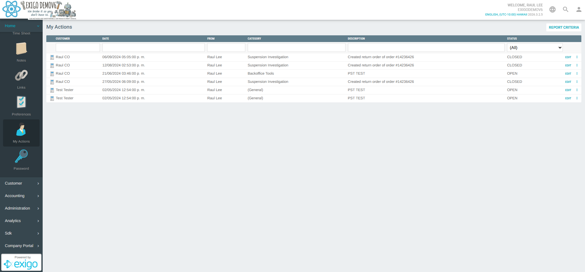 Admin panel sidebar with Home > My Actions highlighted