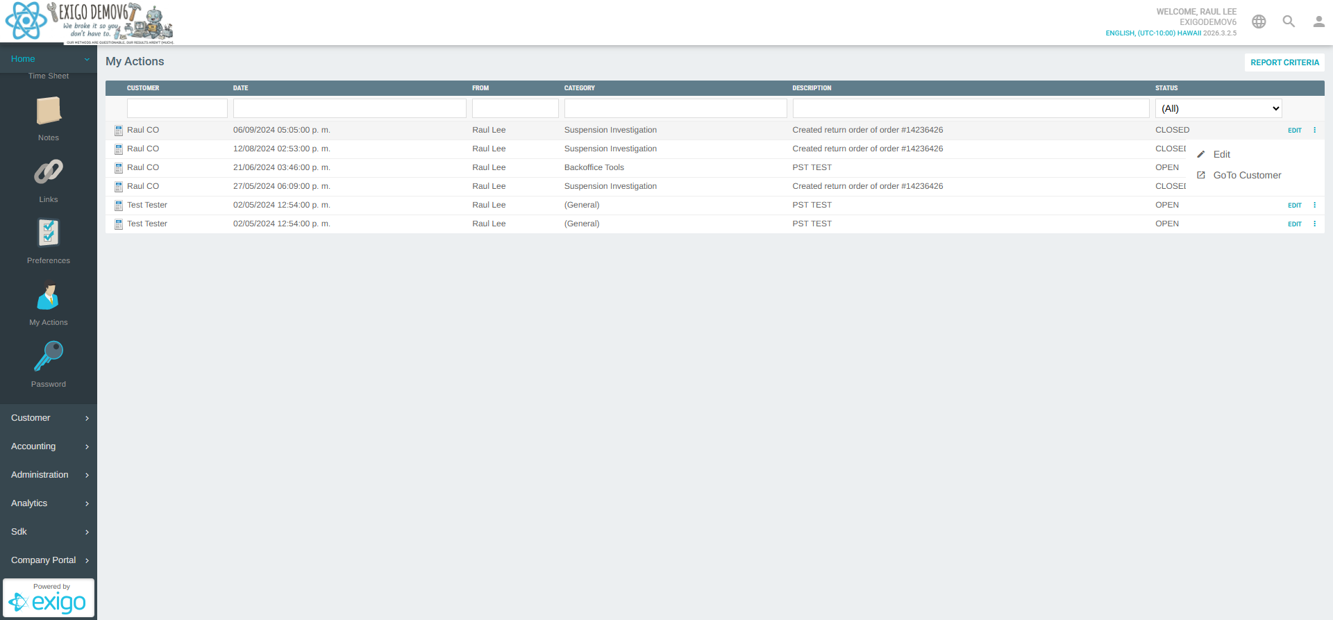 My Actions context menu