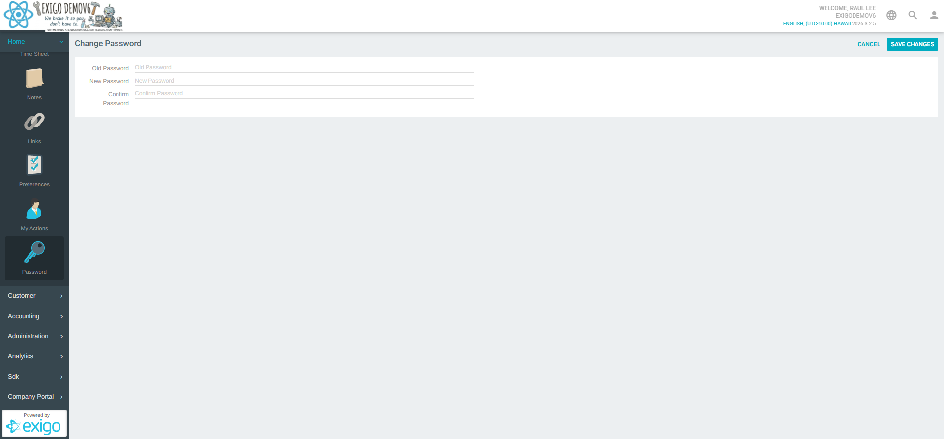 Change Password form within the admin panel