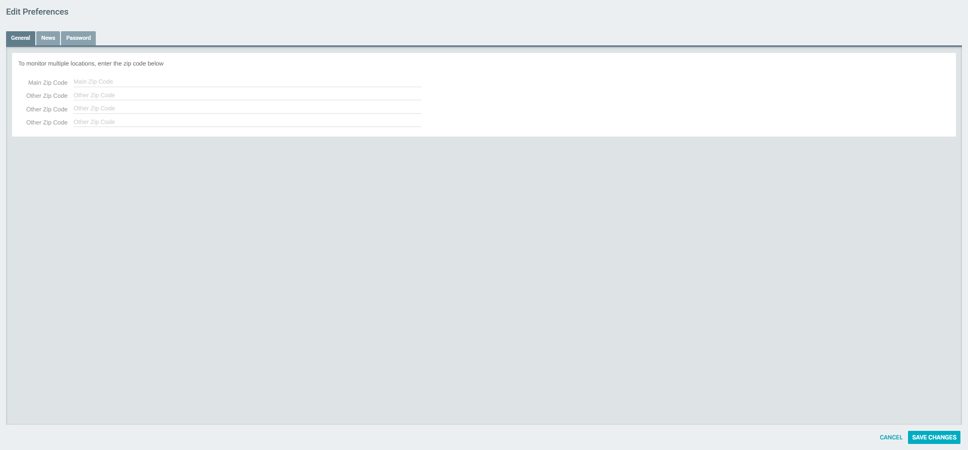 Edit Preferences – General tab (weather locations)