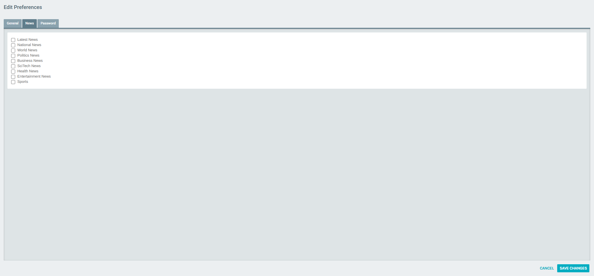Edit Preferences – News tab (news categories)