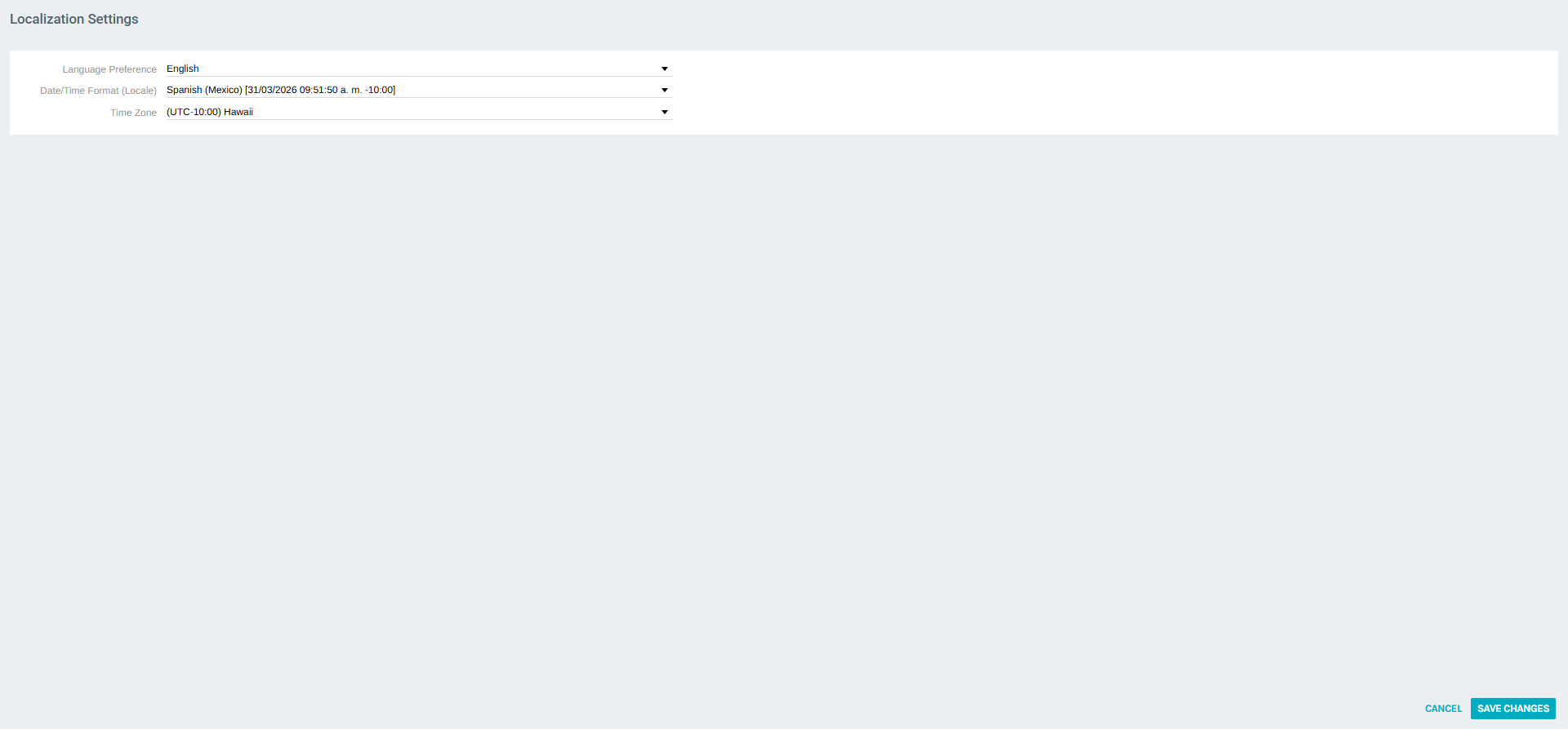 Localization Settings form