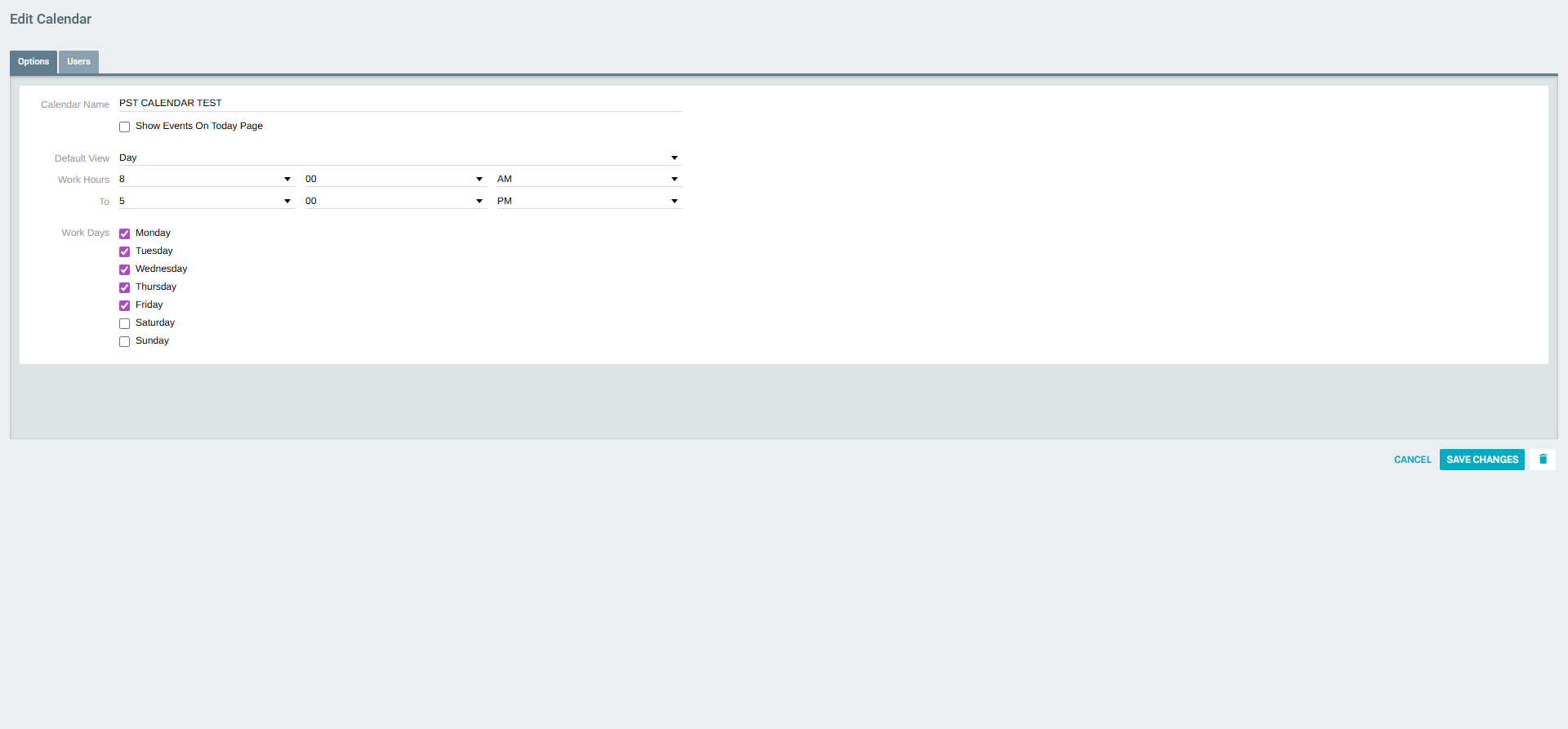 Edit Calendar – Options tab