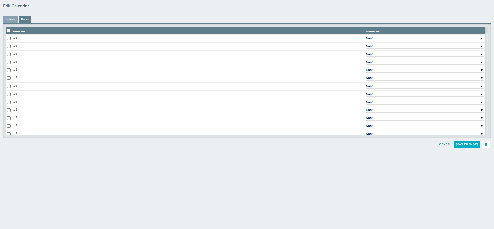 Edit Calendar – Users tab showing user permission list