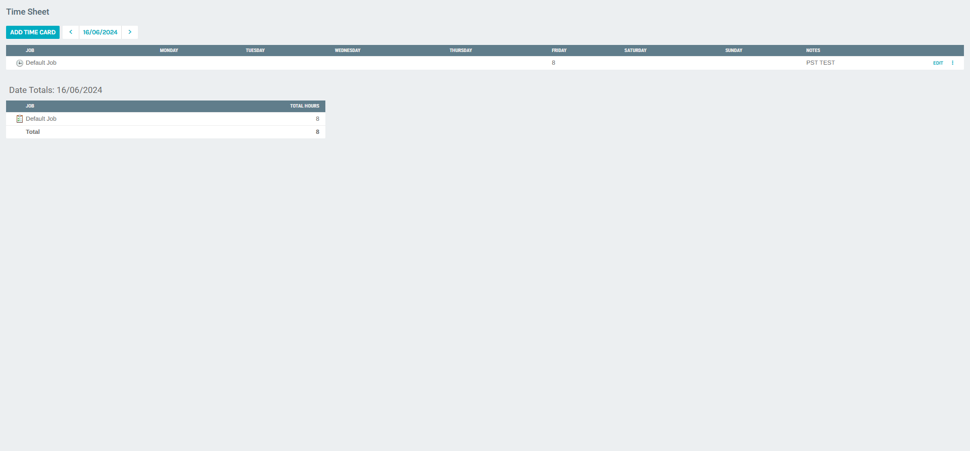 Time Sheet with logged entries and date totals