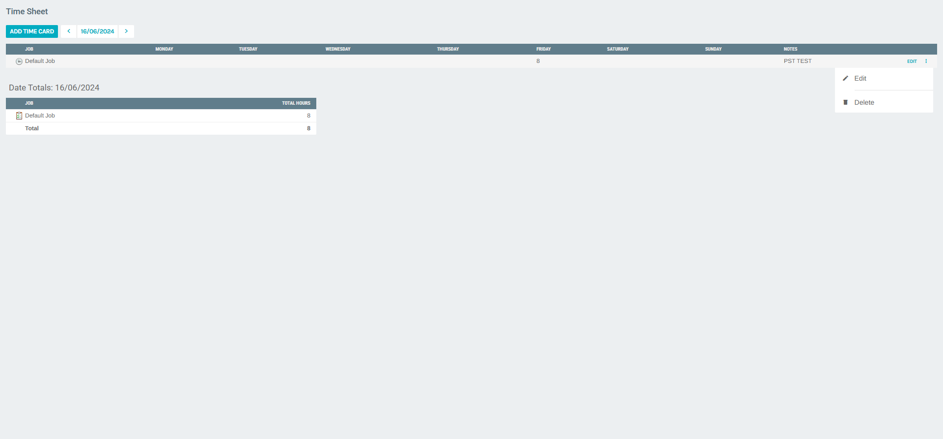Time card row context menu