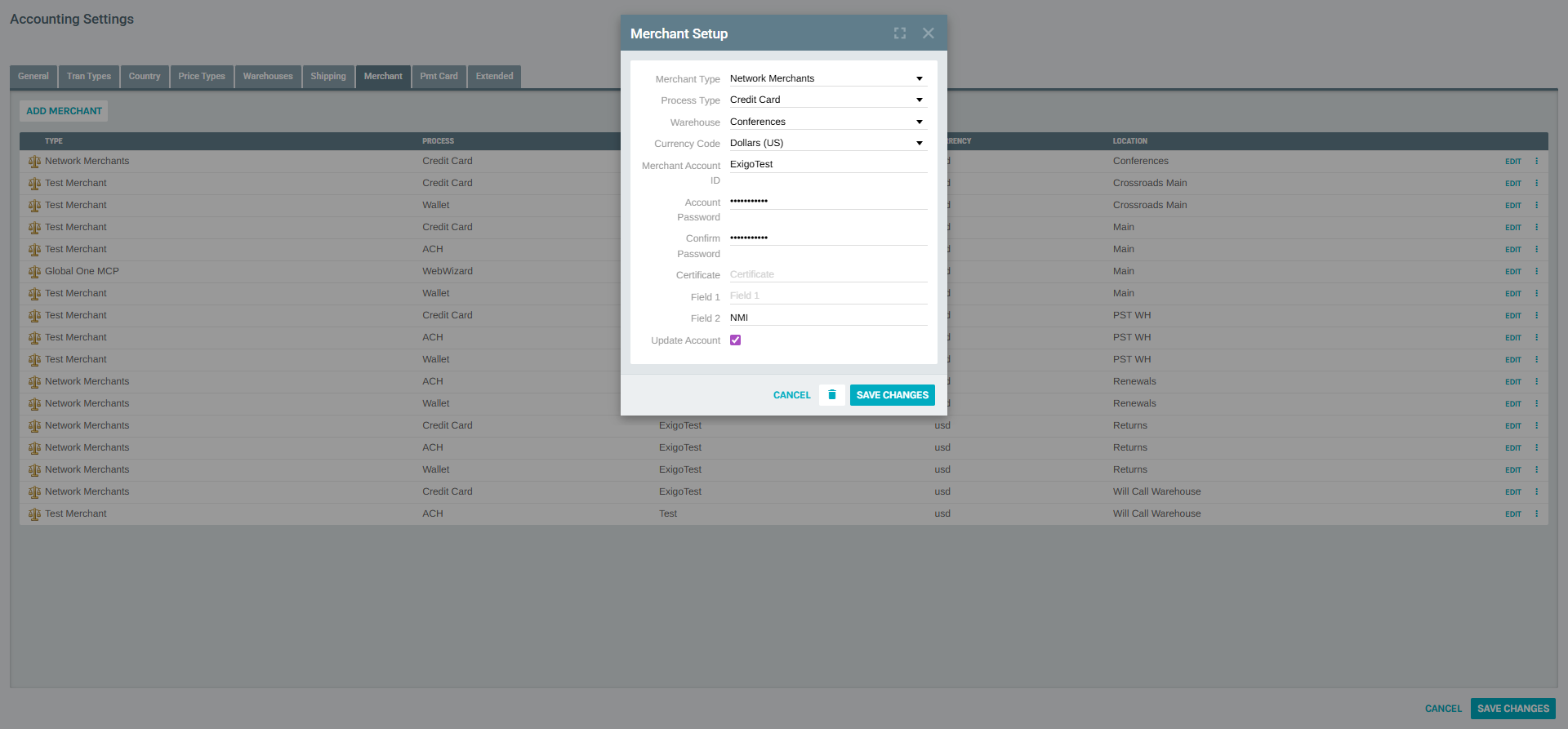 Edit Merchant form showing current values for an existing merchant