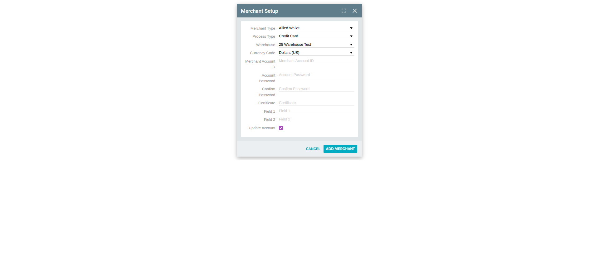 Add Merchant form with all configuration fields visible