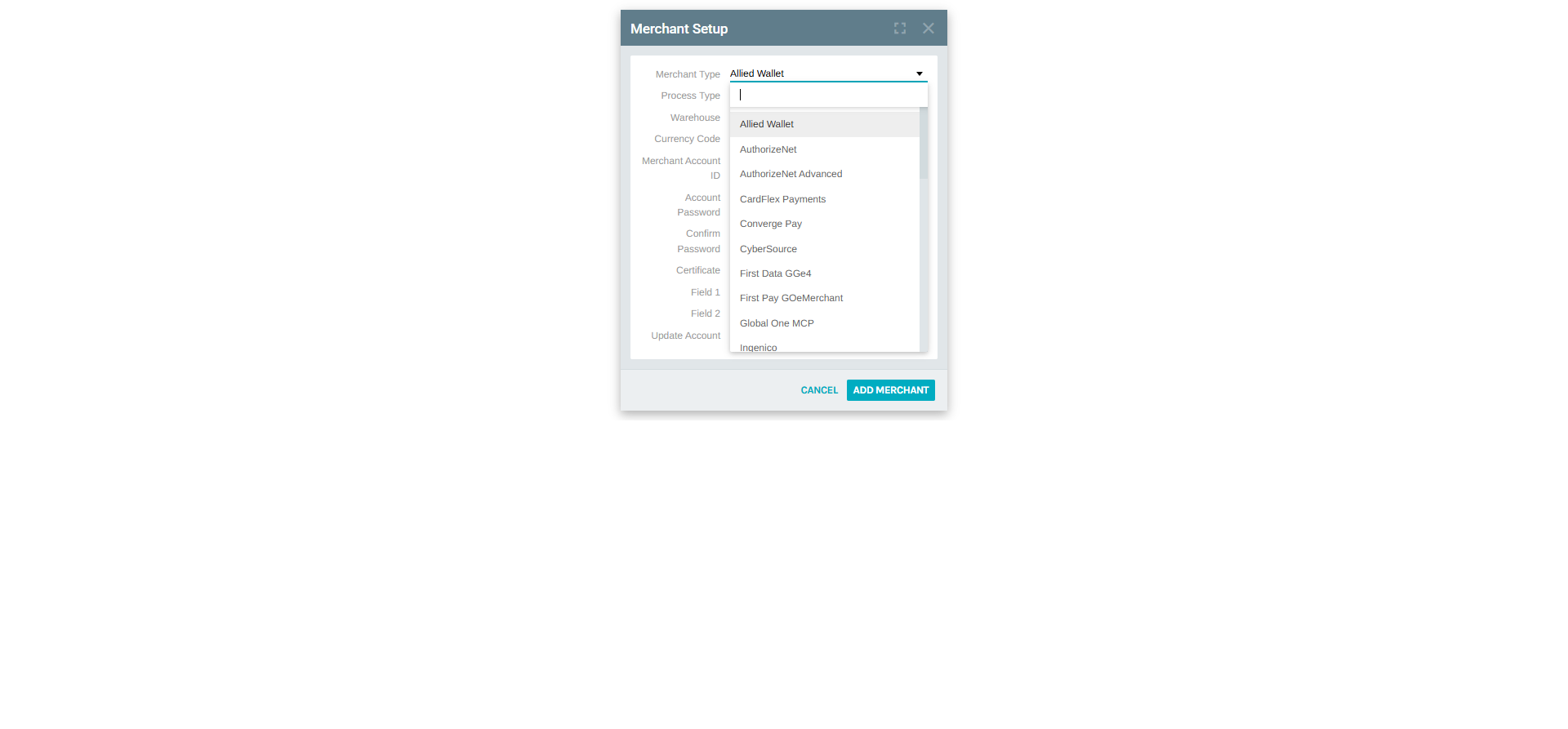 Merchant Type dropdown showing all available gateway integrations