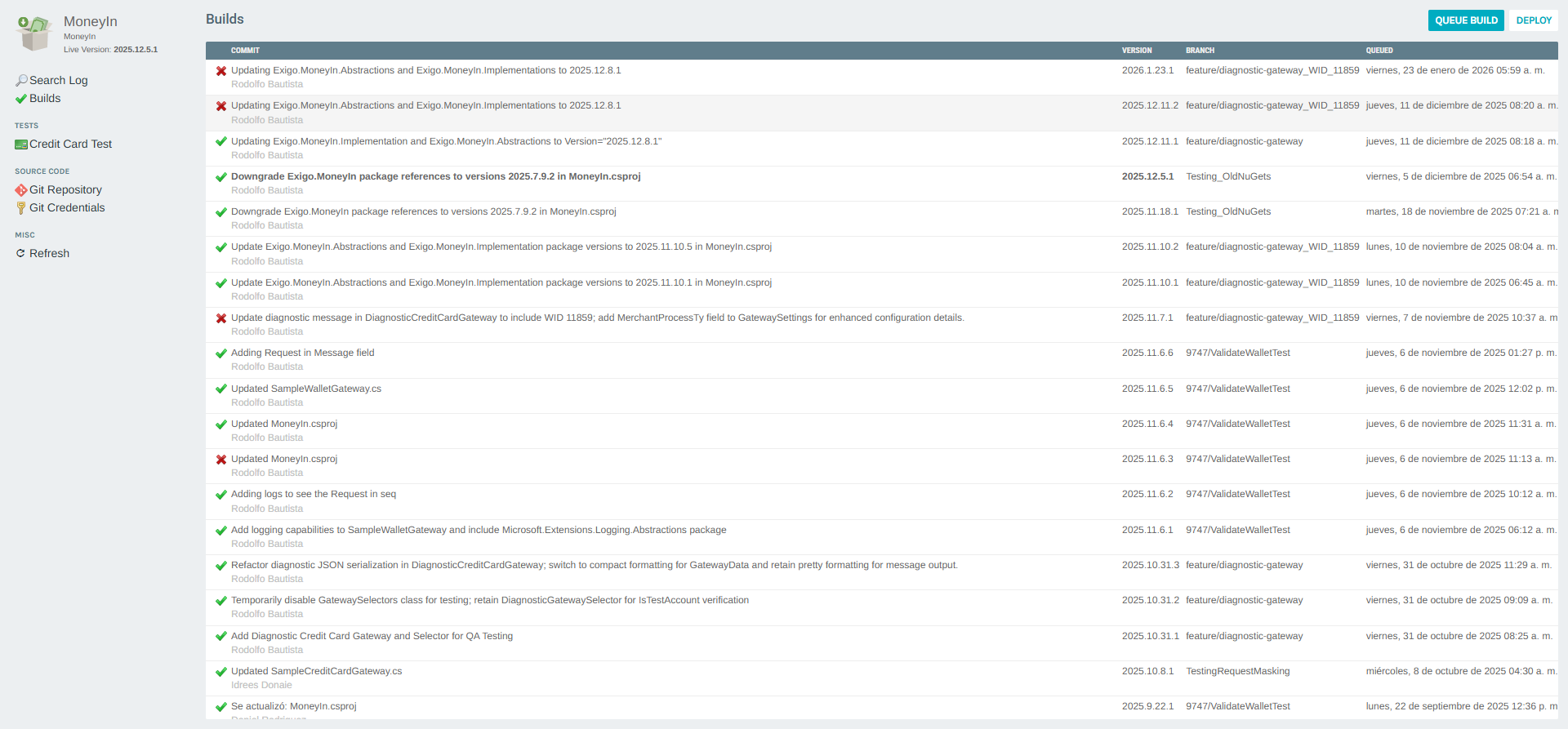 Full view of the Money In SDK portal showing builds and repository links