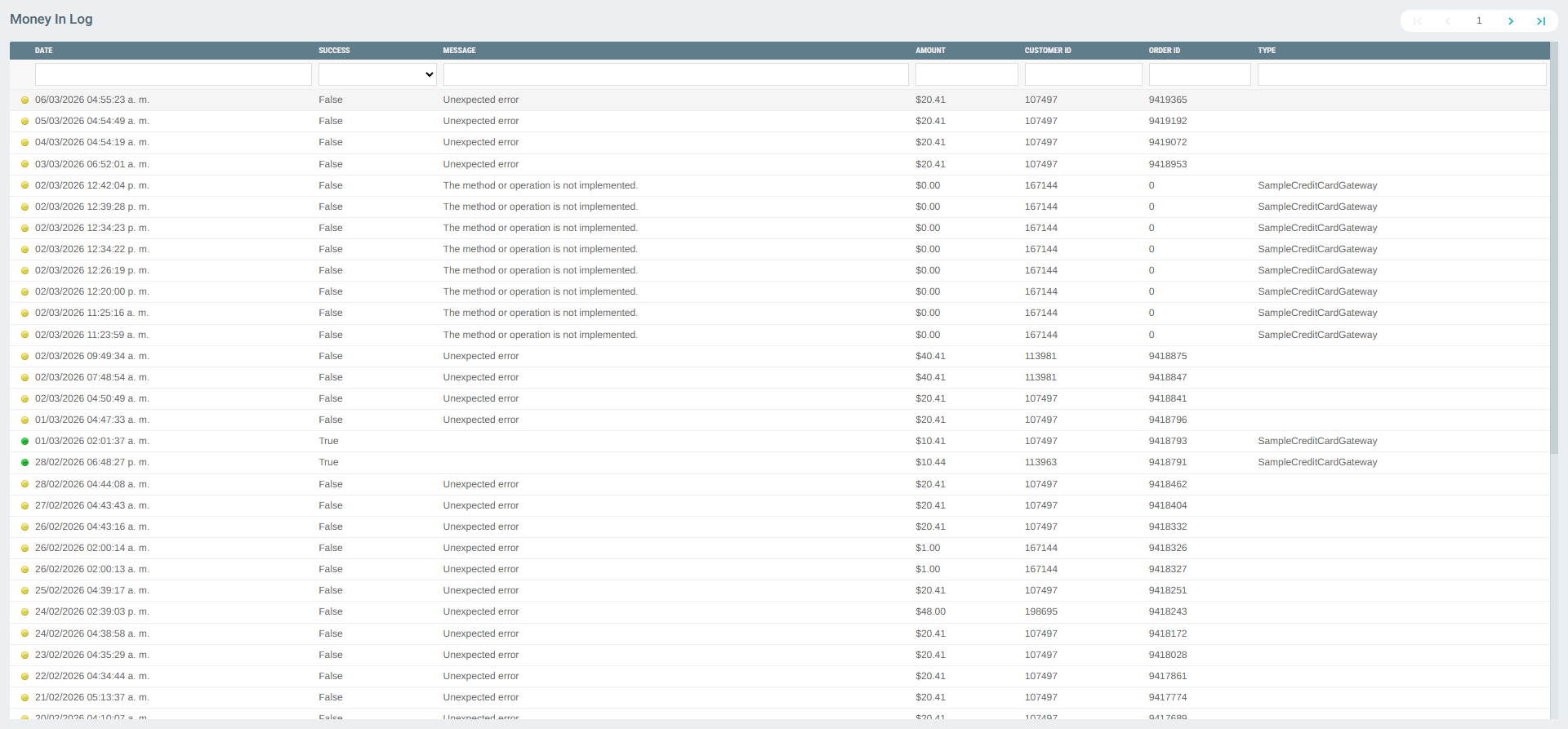 Money In Log showing transaction entries with date, success status, message, amount, customer, and order